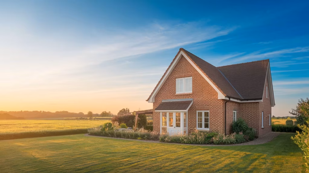 A cozy very tidy brick house nestled
